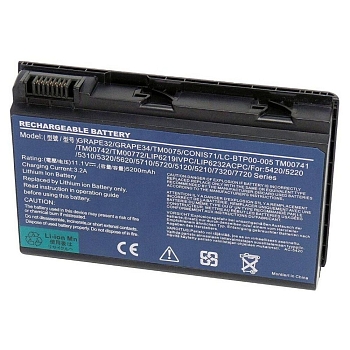 Аккумулятор (батарея) для ноутбука Acer TravelMate TM00741, 7520 (GRAPE32), 11.1В, 5200мАч, черный (OEM)